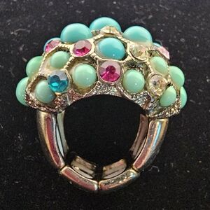Y2K Statement Stretch Ring Teal Pink Rhinestone Bubble Dome Adjustable